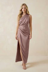 One - Shoulder Satin Ruched Sheath Bridesmaid Dress in Toffee - KissProm Bridesmaid Dresses