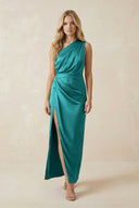 One - Shoulder Satin Ruched Sheath Bridesmaid Dress in Turquoise - KissProm Bridesmaid Dresses