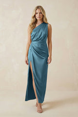 One - Shoulder Satin Ruched Sheath Bridesmaid Dress in Twilight - KissProm Bridesmaid Dresses