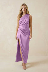 One - Shoulder Satin Ruched Sheath Bridesmaid Dress in Vintage Mauve - KissProm Bridesmaid Dresses
