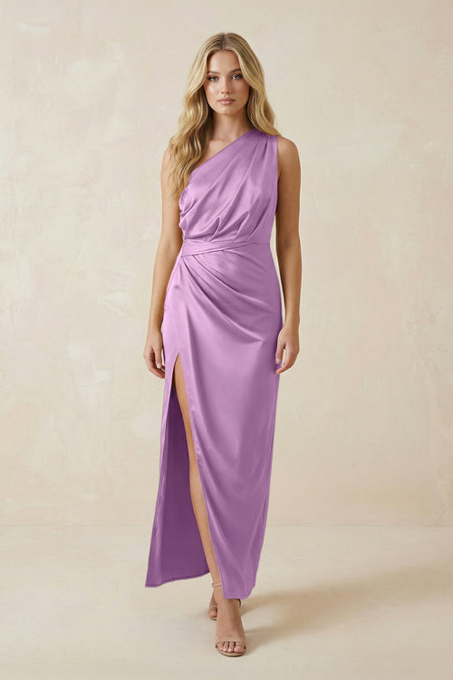 One - Shoulder Satin Ruched Sheath Bridesmaid Dress in Vintage Mauve - KissProm Bridesmaid Dresses