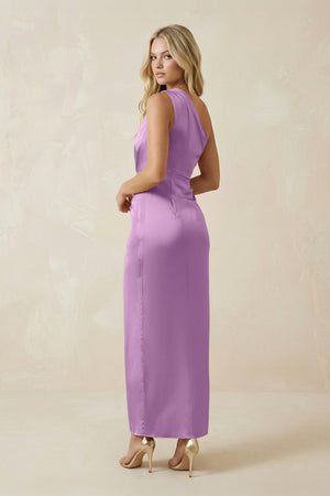 One - Shoulder Satin Ruched Sheath Bridesmaid Dress in Vintage Mauve - KissProm Bridesmaid Dresses