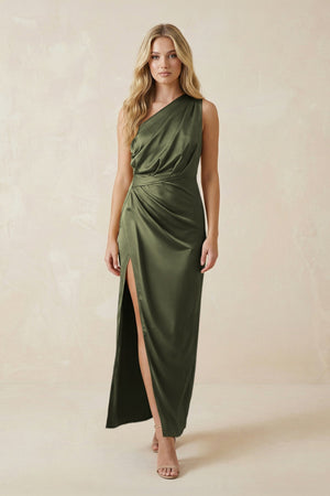 One - Shoulder Satin Ruched Sheath Bridesmaid Dress in Willow Green - KissProm Bridesmaid Dresses