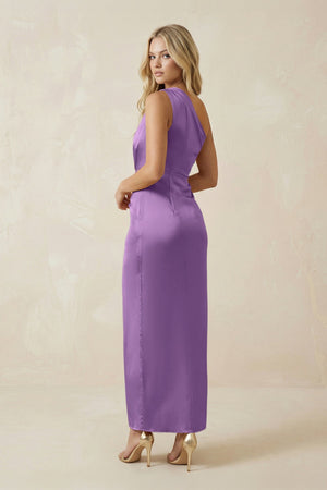 One - Shoulder Satin Ruched Sheath Bridesmaid Dress in Wisteria - KissProm Bridesmaid Dresses