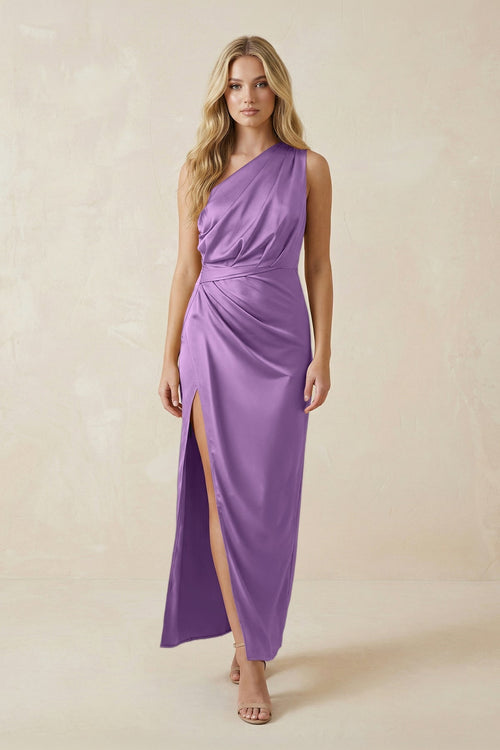 One - Shoulder Satin Ruched Sheath Bridesmaid Dress in Wisteria - KissProm Bridesmaid Dresses