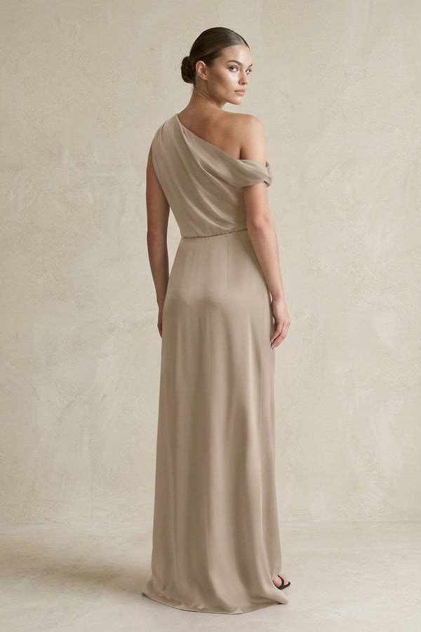 One - Shoulder Satin Sheath Bridesmaid Dress With Slit in Almond - KissProm Bridesmaid Dresses