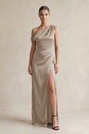 One - Shoulder Satin Sheath Bridesmaid Dress With Slit in Almond - KissProm Bridesmaid Dresses