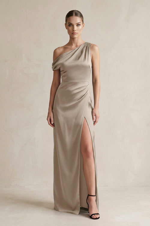 One - Shoulder Satin Sheath Bridesmaid Dress With Slit in Almond - KissProm Bridesmaid Dresses