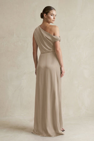 One - Shoulder Satin Sheath Bridesmaid Dress With Slit in Almond - KissProm Bridesmaid Dresses