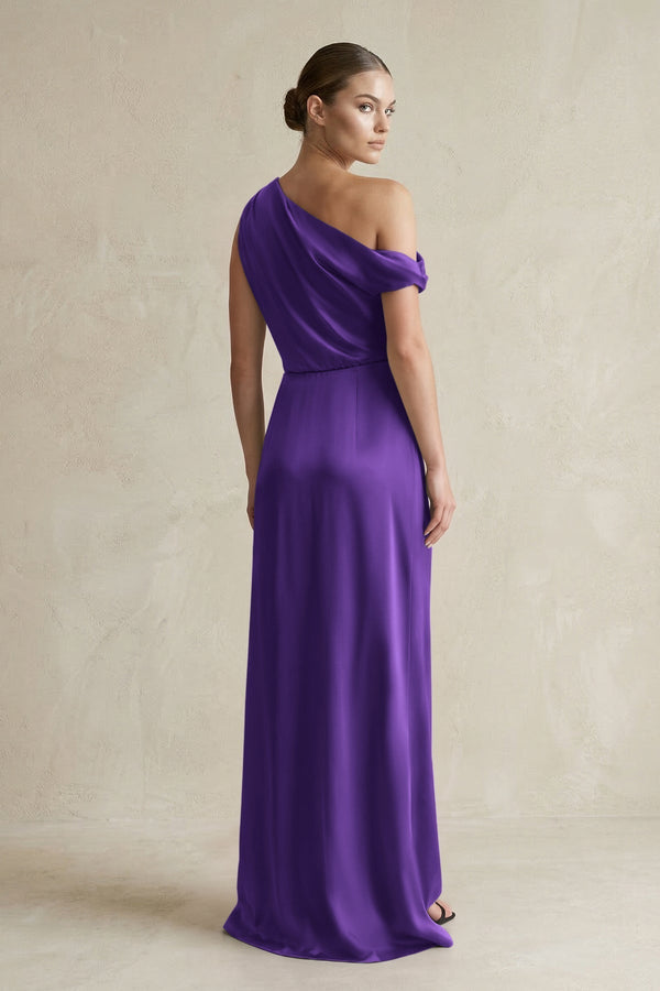 One - Shoulder Satin Sheath Bridesmaid Dress With Slit in Amethyst - KissProm Bridesmaid Dresses