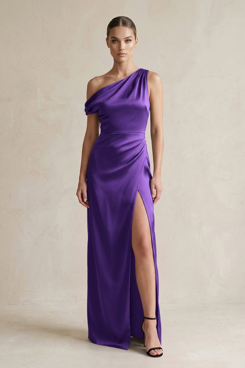 One - Shoulder Satin Sheath Bridesmaid Dress With Slit in Amethyst - KissProm Bridesmaid Dresses
