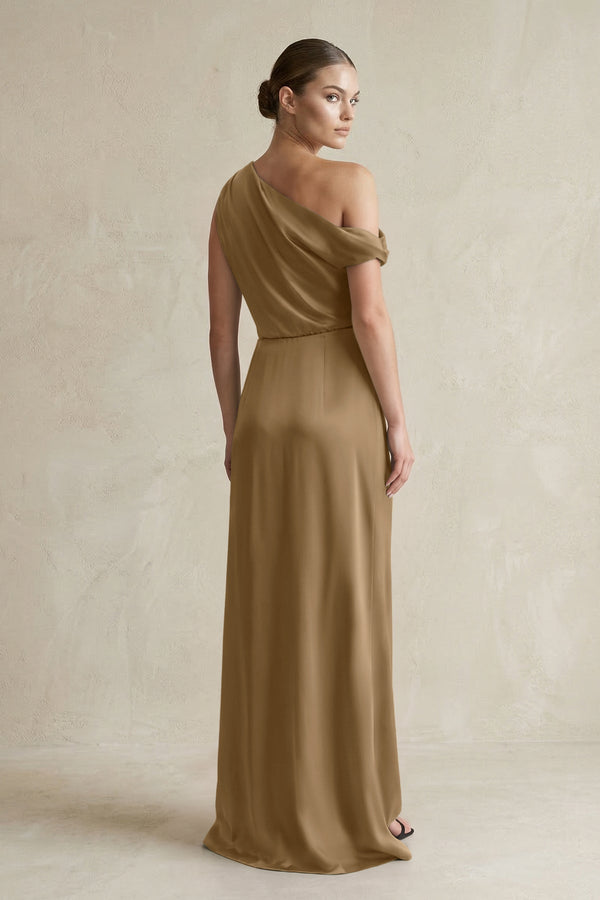 One - Shoulder Satin Sheath Bridesmaid Dress With Slit in Apple Cinnamon - KissProm Bridesmaid Dresses