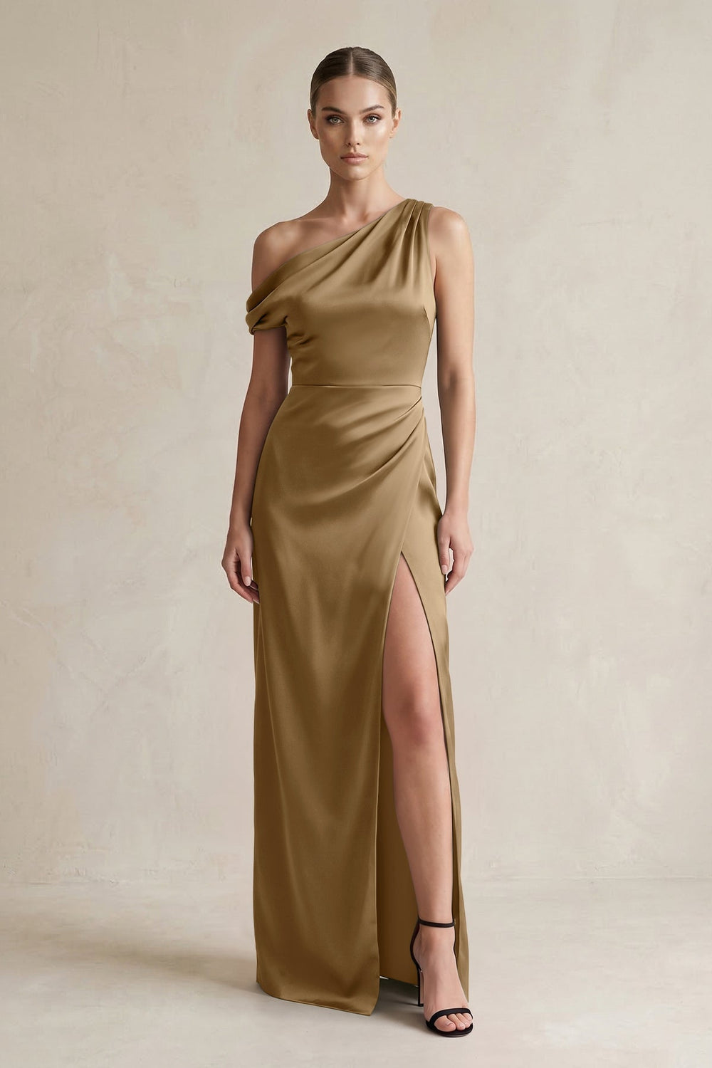 One - Shoulder Satin Sheath Bridesmaid Dress With Slit in Apple Cinnamon - KissProm Bridesmaid Dresses