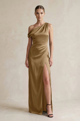 One - Shoulder Satin Sheath Bridesmaid Dress With Slit in Apple Cinnamon - KissProm Bridesmaid Dresses
