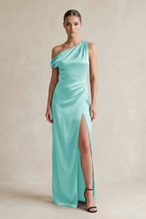 One - Shoulder Satin Sheath Bridesmaid Dress With Slit in Aqua - KissProm Bridesmaid Dresses