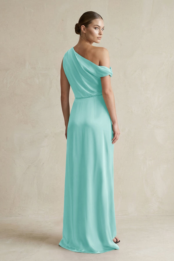 One - Shoulder Satin Sheath Bridesmaid Dress With Slit in Aqua - KissProm Bridesmaid Dresses