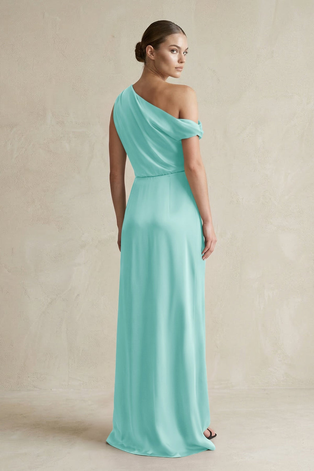 One - Shoulder Satin Sheath Bridesmaid Dress With Slit in Aqua - KissProm Bridesmaid Dresses