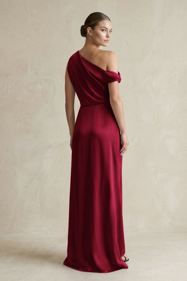 One - Shoulder Satin Sheath Bridesmaid Dress With Slit in Berry - KissProm Bridesmaid Dresses