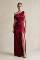 One - Shoulder Satin Sheath Bridesmaid Dress With Slit in Berry - KissProm Bridesmaid Dresses