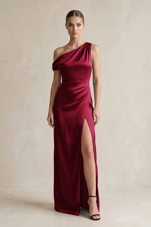 One - Shoulder Satin Sheath Bridesmaid Dress With Slit in Berry - KissProm Bridesmaid Dresses