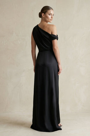 One - Shoulder Satin Sheath Bridesmaid Dress With Slit in Black - KissProm Bridesmaid Dresses