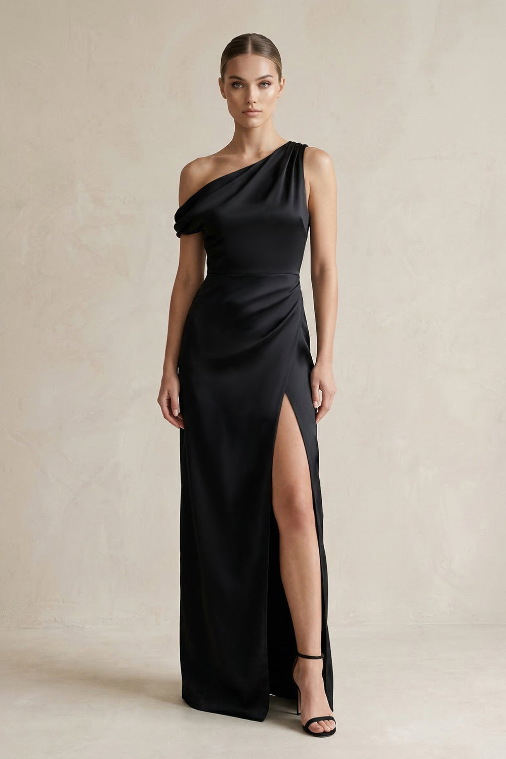 One - Shoulder Satin Sheath Bridesmaid Dress With Slit in Black - KissProm Bridesmaid Dresses