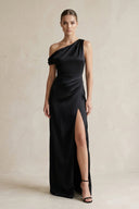 One - Shoulder Satin Sheath Bridesmaid Dress With Slit in Black - KissProm Bridesmaid Dresses