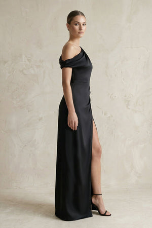 One - Shoulder Satin Sheath Bridesmaid Dress With Slit in Black - KissProm Bridesmaid Dresses