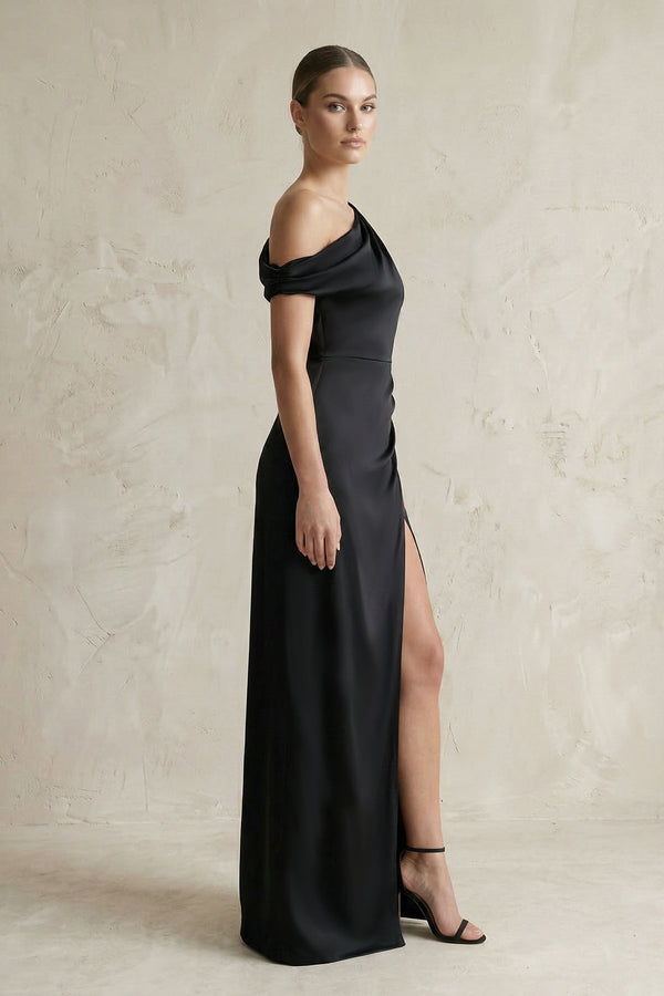 One - Shoulder Satin Sheath Bridesmaid Dress With Slit in Black - KissProm Bridesmaid Dresses