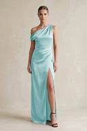 One - Shoulder Satin Sheath Bridesmaid Dress With Slit in Bleached Aqua - KissProm Bridesmaid Dresses
