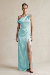 One - Shoulder Satin Sheath Bridesmaid Dress With Slit in Bleached Aqua - KissProm Bridesmaid Dresses