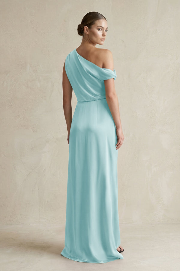One - Shoulder Satin Sheath Bridesmaid Dress With Slit in Bleached Aqua - KissProm Bridesmaid Dresses