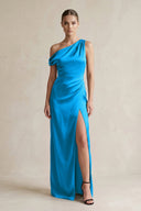 One - Shoulder Satin Sheath Bridesmaid Dress With Slit in Blue Jay - KissProm Bridesmaid Dresses