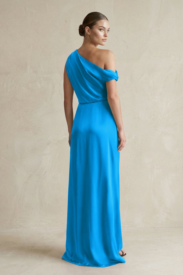 One - Shoulder Satin Sheath Bridesmaid Dress With Slit in Blue Jay - KissProm Bridesmaid Dresses