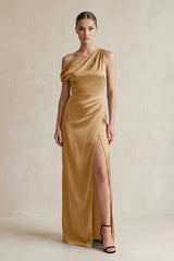 One - Shoulder Satin Sheath Bridesmaid Dress With Slit in Bronzer - KissProm Bridesmaid Dresses