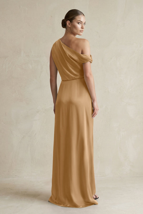 One - Shoulder Satin Sheath Bridesmaid Dress With Slit in Bronzer - KissProm Bridesmaid Dresses