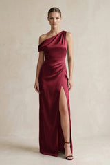 One - Shoulder Satin Sheath Bridesmaid Dress With Slit in Burgundy - KissProm Bridesmaid Dresses