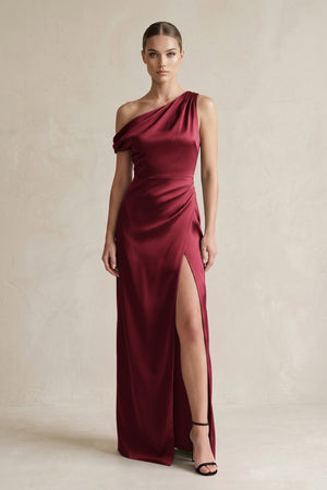 One - Shoulder Satin Sheath Bridesmaid Dress With Slit in Burgundy - KissProm Bridesmaid Dresses