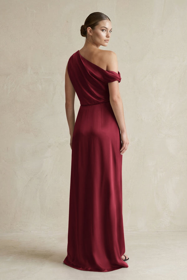 One - Shoulder Satin Sheath Bridesmaid Dress With Slit in Burgundy - KissProm Bridesmaid Dresses