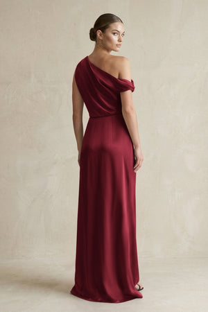 One - Shoulder Satin Sheath Bridesmaid Dress With Slit in Burgundy - KissProm Bridesmaid Dresses