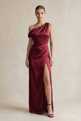 One - Shoulder Satin Sheath Bridesmaid Dress With Slit in Burgundy - KissProm Bridesmaid Dresses