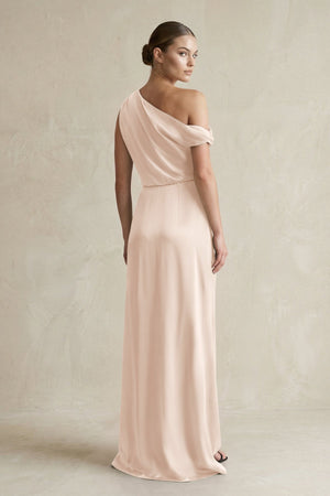 One - Shoulder Satin Sheath Bridesmaid Dress With Slit in Buttercream - KissProm Bridesmaid Dresses