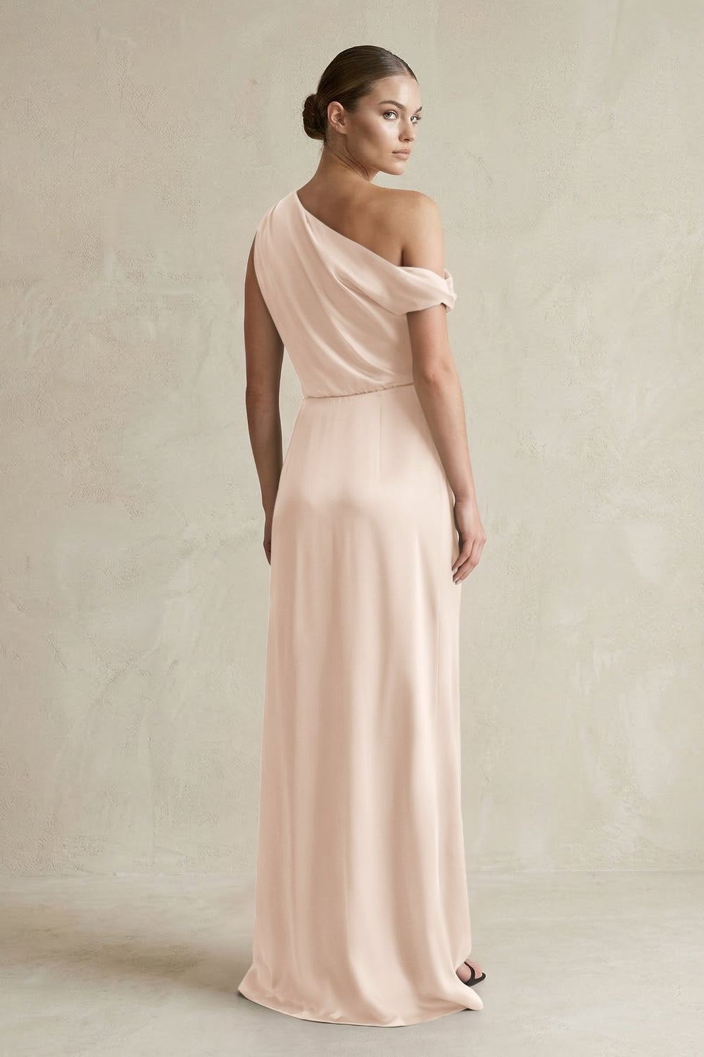 One - Shoulder Satin Sheath Bridesmaid Dress With Slit in Buttercream - KissProm Bridesmaid Dresses