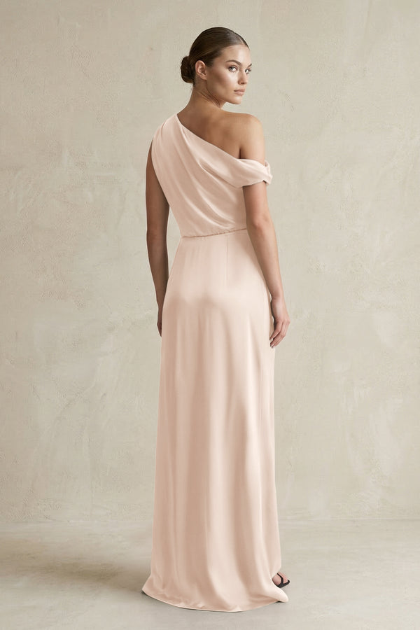 One - Shoulder Satin Sheath Bridesmaid Dress With Slit in Buttercream - KissProm Bridesmaid Dresses
