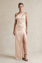 One - Shoulder Satin Sheath Bridesmaid Dress With Slit in Buttercream - KissProm Bridesmaid Dresses