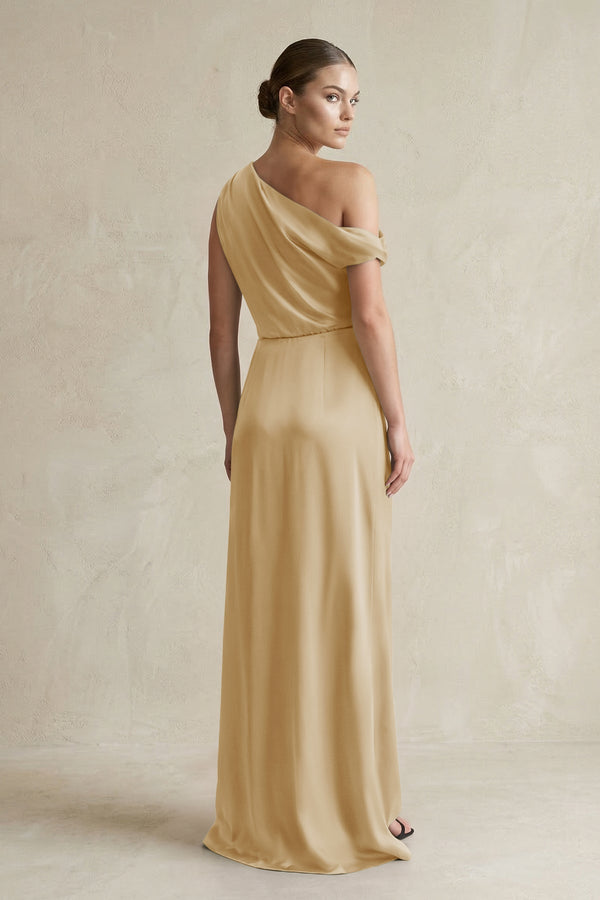 One - Shoulder Satin Sheath Bridesmaid Dress With Slit in Champagne - KissProm Bridesmaid Dresses