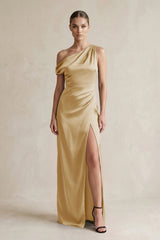 One - Shoulder Satin Sheath Bridesmaid Dress With Slit in Champagne - KissProm Bridesmaid Dresses