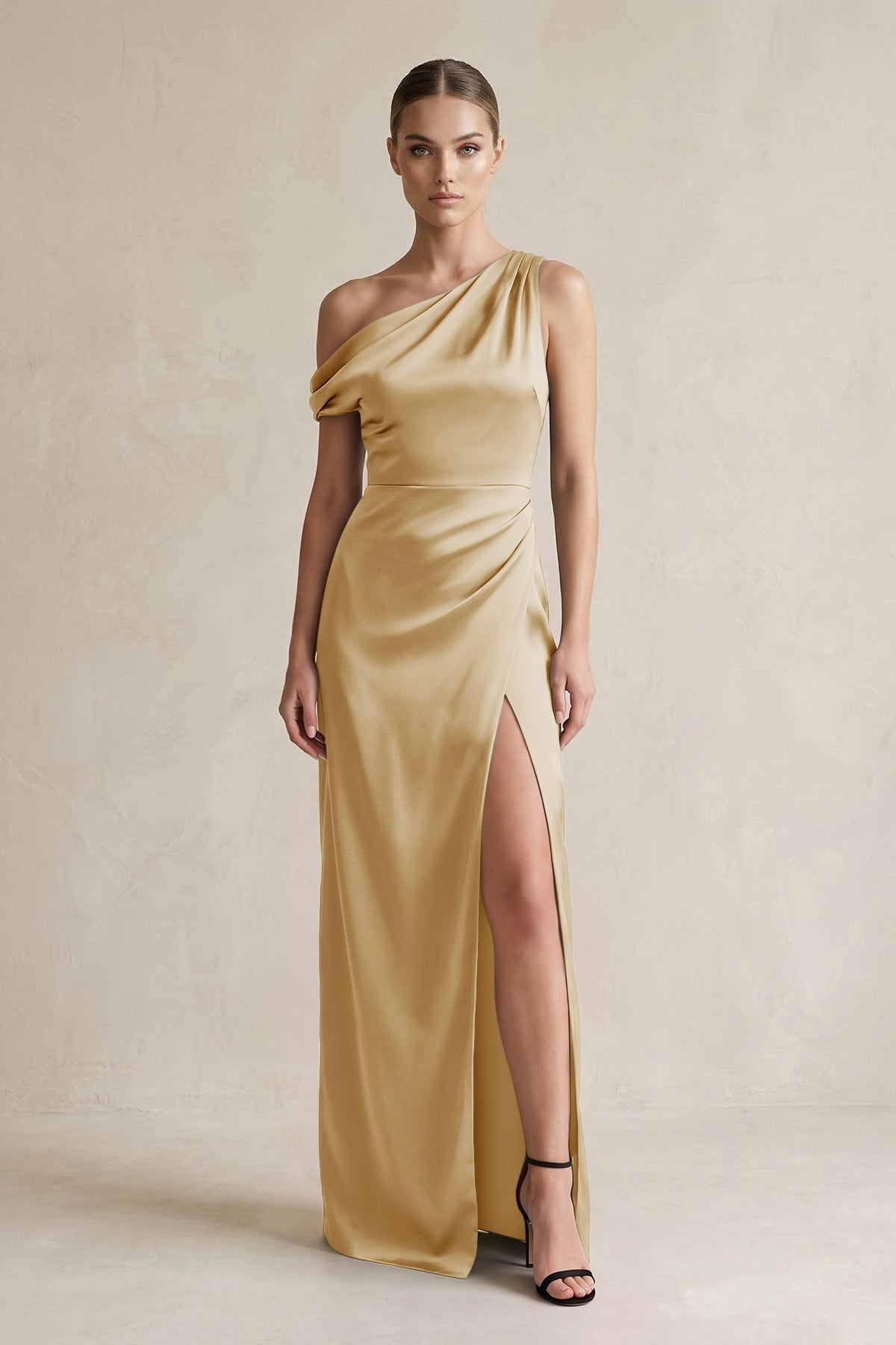 KissProm One-Shoulder Satin Sheath Bridesmaid Dress With Slit in Champagne, Champagne / 28