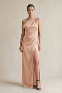 One - Shoulder Satin Sheath Bridesmaid Dress With Slit in Champagne Rose - KissProm Bridesmaid Dresses