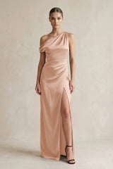 One - Shoulder Satin Sheath Bridesmaid Dress With Slit in Champagne Rose - KissProm Bridesmaid Dresses